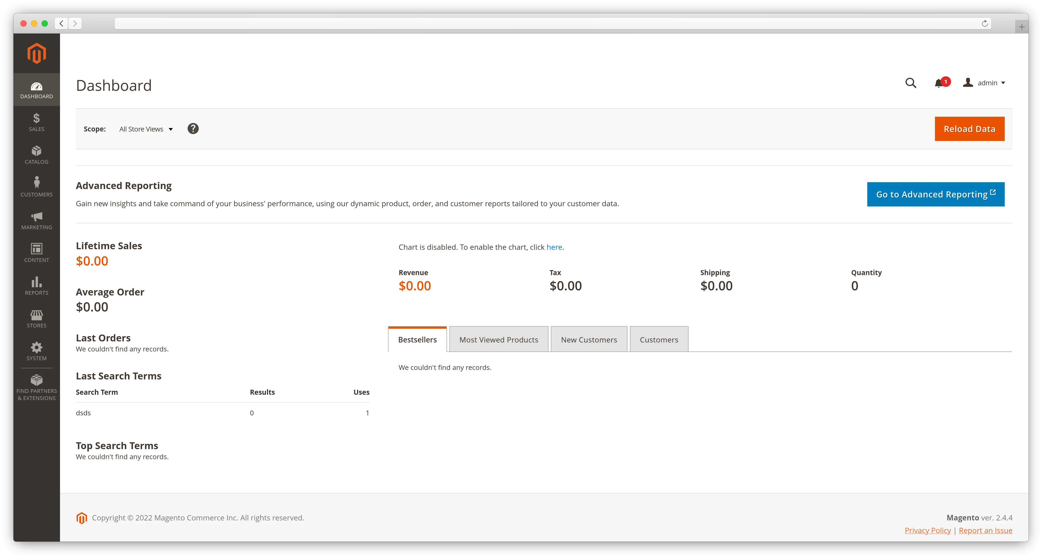 Magento dashboard
