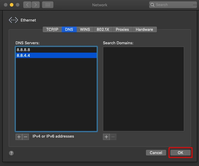 Добавить DNS сервер MacOS