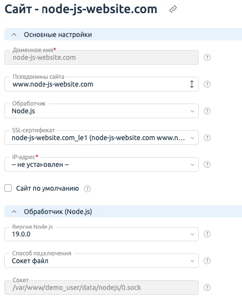 Настройки для сайта с обработчиком Node.js
