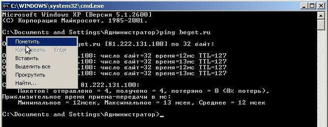 выделение текста в терминале