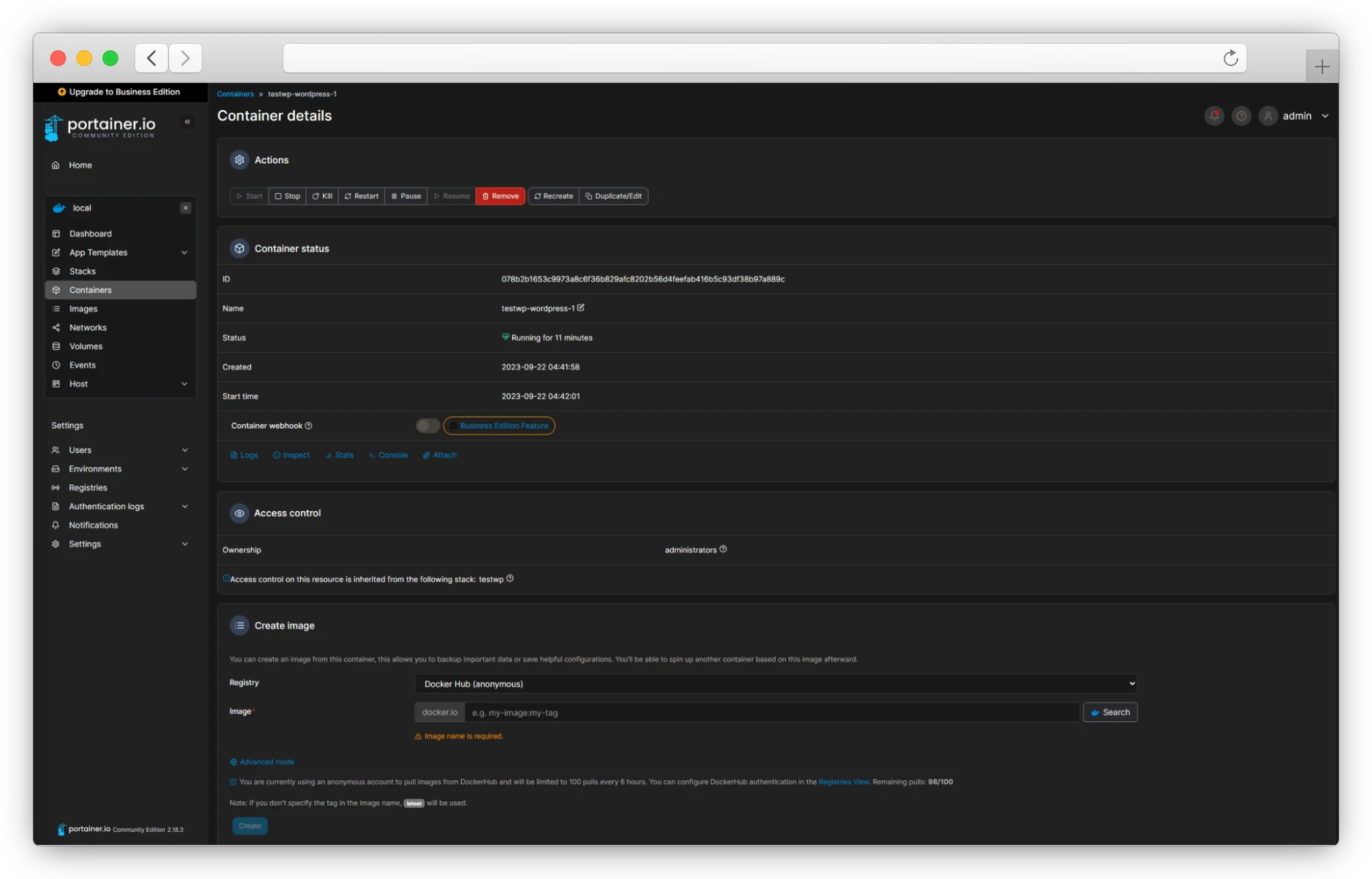 логи контейнера