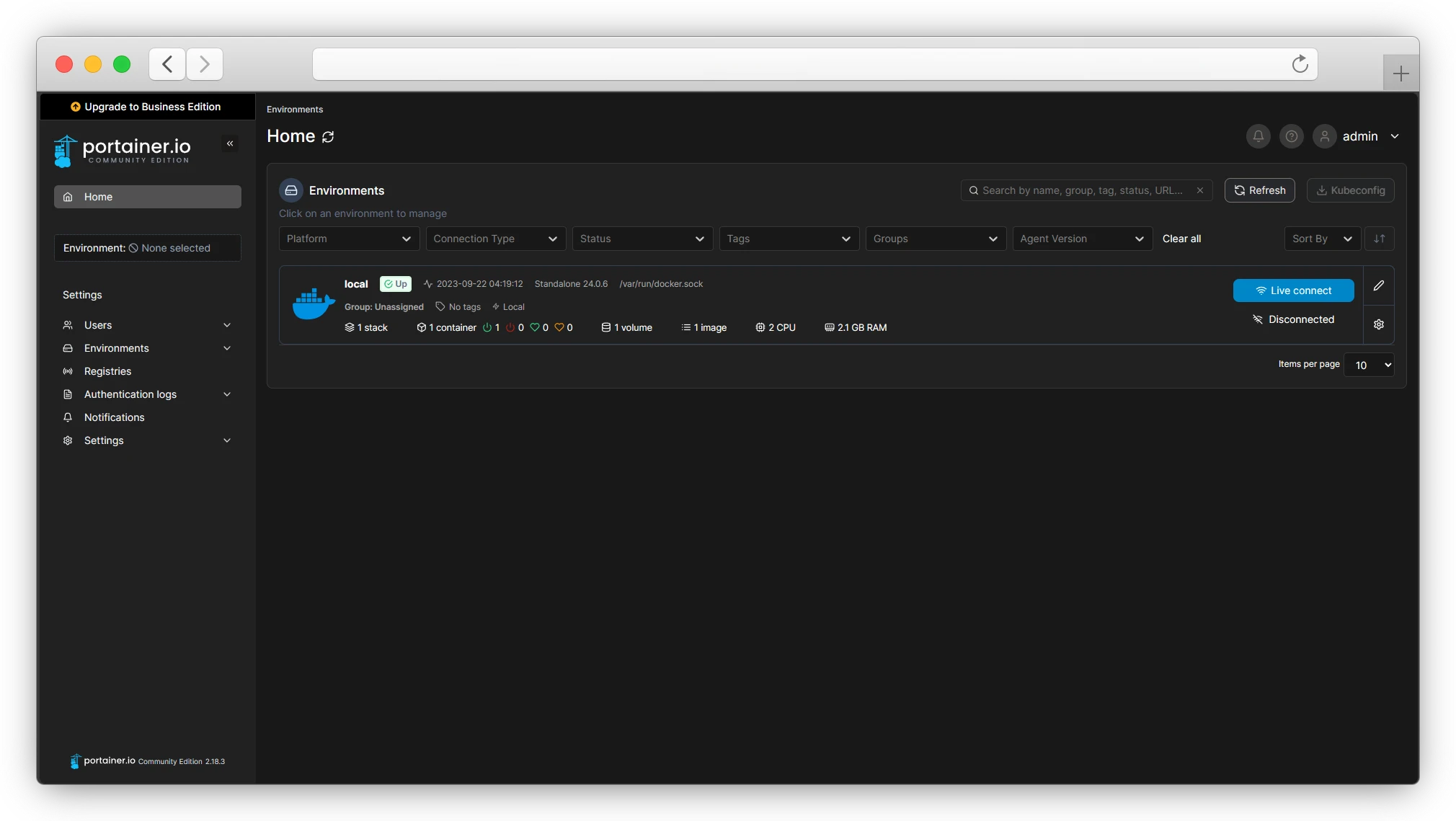 главная страница Portainer