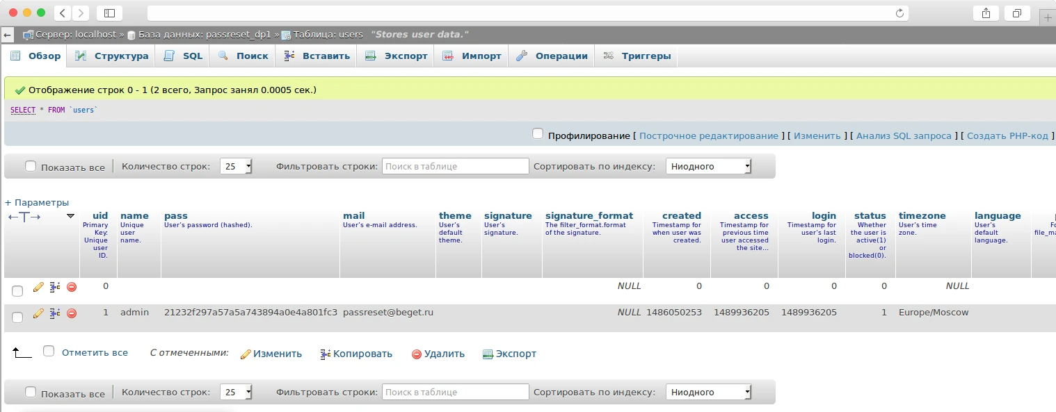 информация из таблицы users